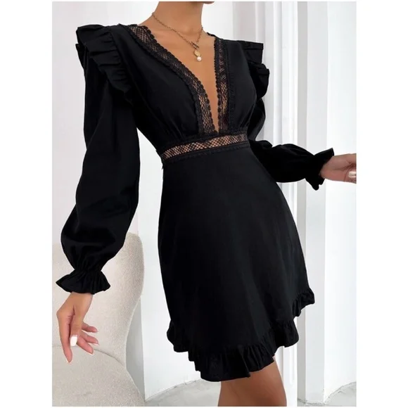 Classic Cream Plunging Neckline Lace Ruffle Sleeve Mini Dress - Picture 4 of 11